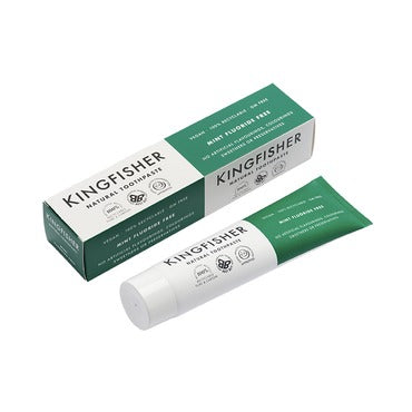Close-up of Kingfisher Natural Mint Fluoride free toothpaste on a white background 