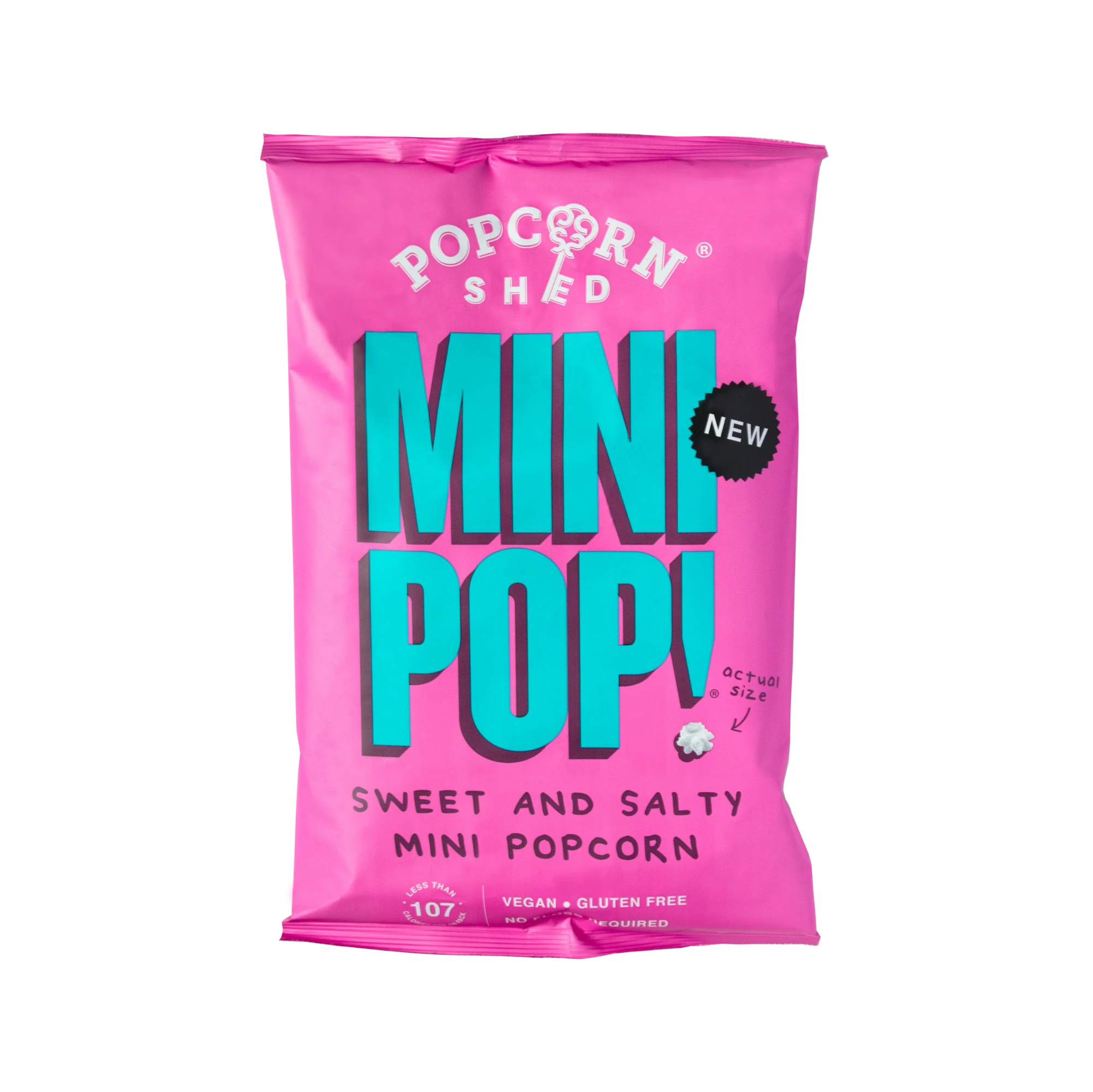 A bright pink bag of Popcorn Shed Mini Pop! sweet and salty mini popcorn, featuring bold teal and white lettering on a clean white background.