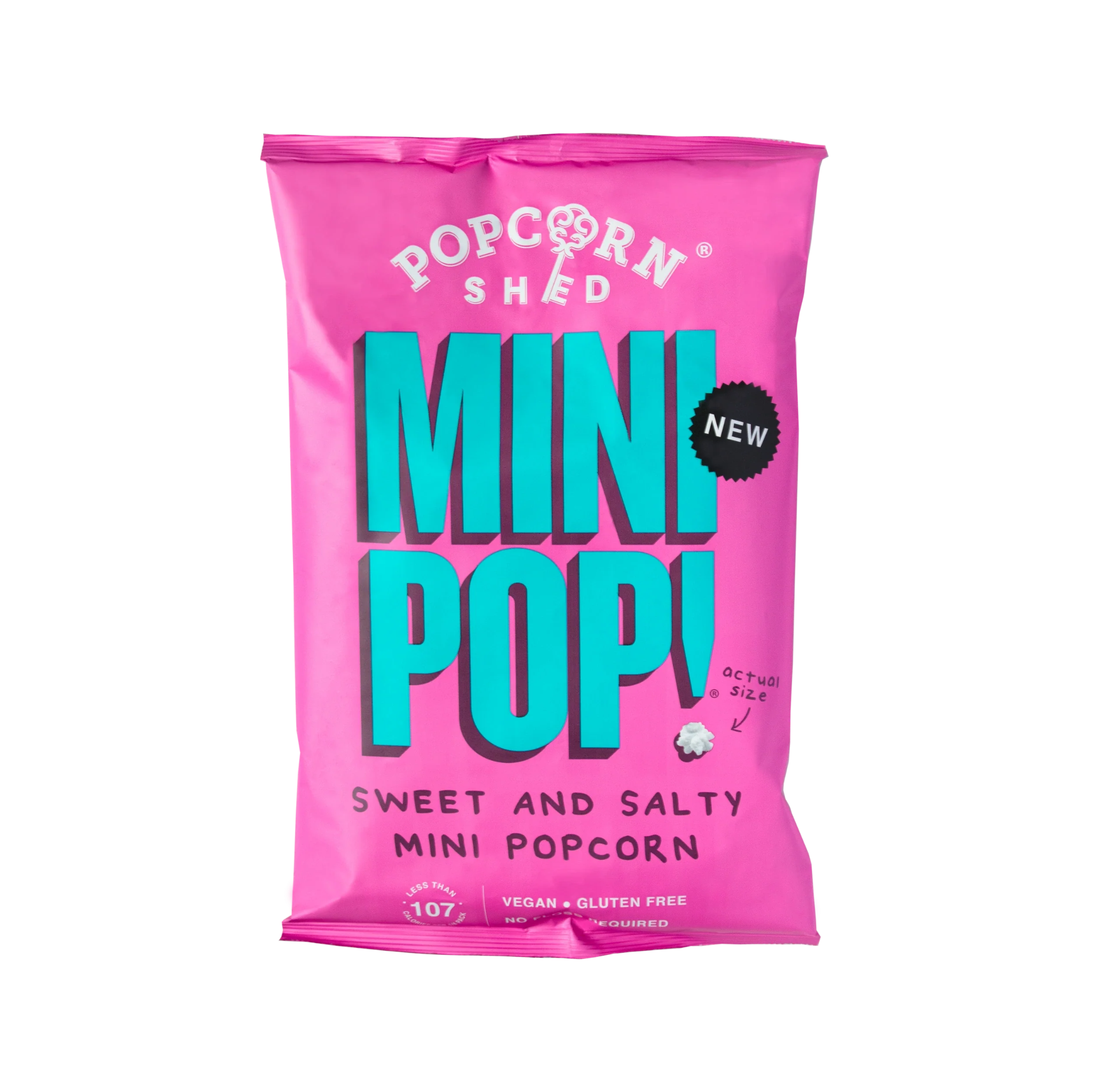 A bright pink bag of Popcorn Shed Mini Pop! sweet and salty mini popcorn, featuring bold teal and white lettering on a clean white background.