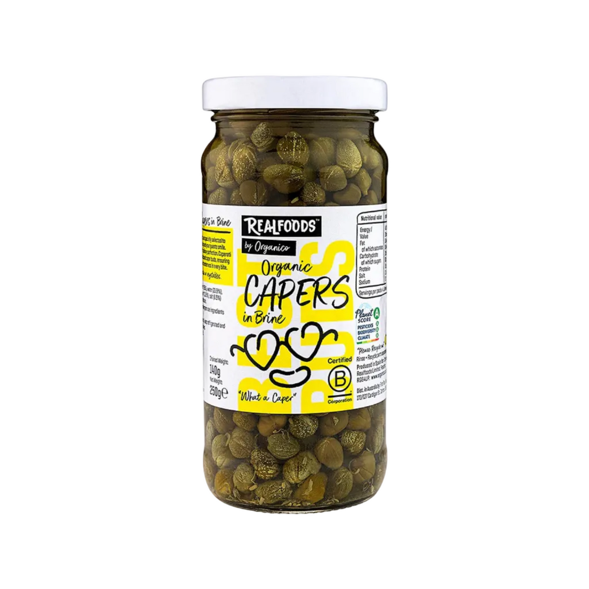 A jar of RealFoods by Organic Organic Capers in Brine, 250g, featuring green capers in clear brine with a white and yellow label.