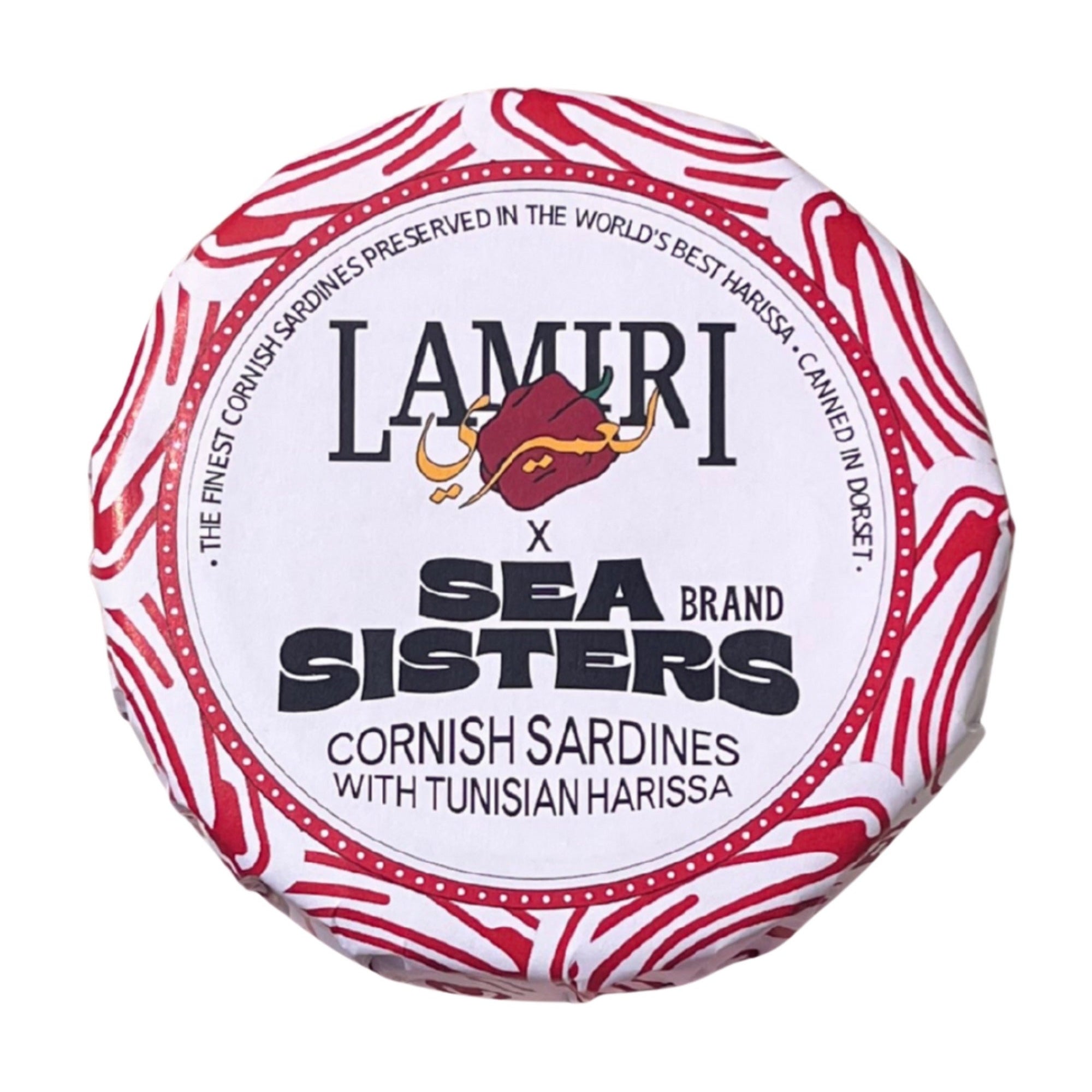 Close-up of Sea Sisters Lamiri x Sea Sisters Cornish Sardines with Tunisian Harissa on a white background 