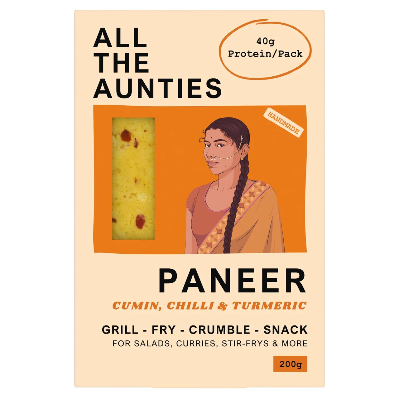 Packaging of 'All The Aunties' Paneer with a woman's portrait and product image on a beige background.