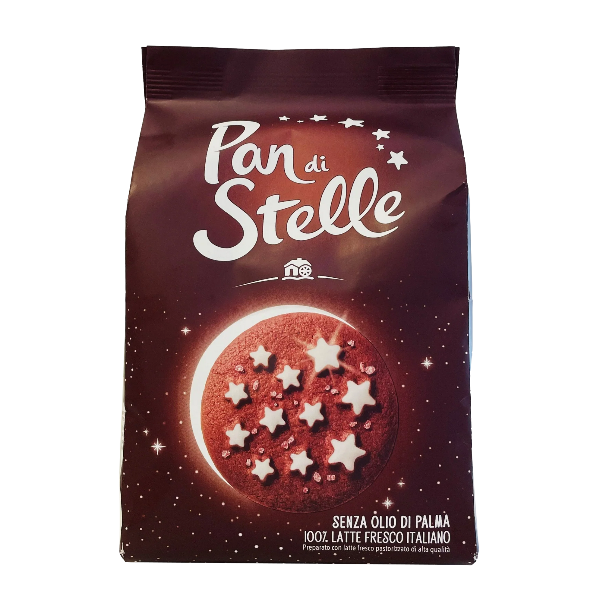 Pan di Stelle packaging with star-shaped cookies on a white background