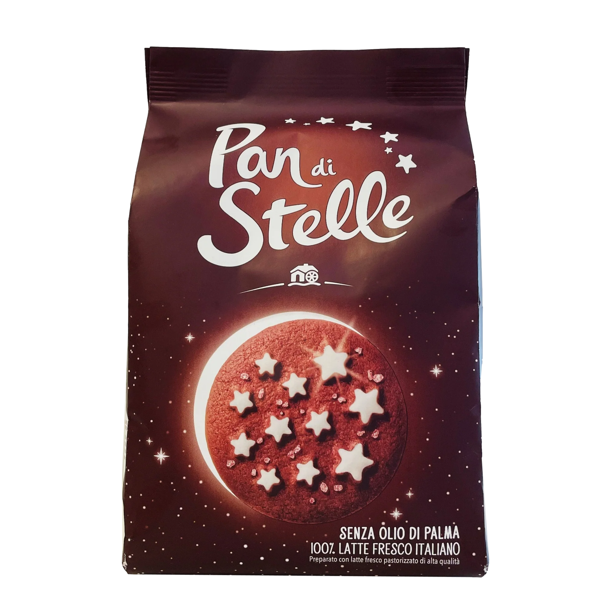 Pan di Stelle packaging with star-shaped cookies on a white background
