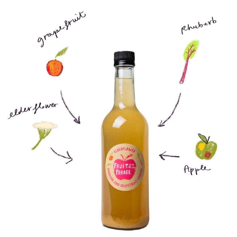 Fruits of the Forage Elderflower Rhubarb Cordial bottle with ingredients labeled on a white background
