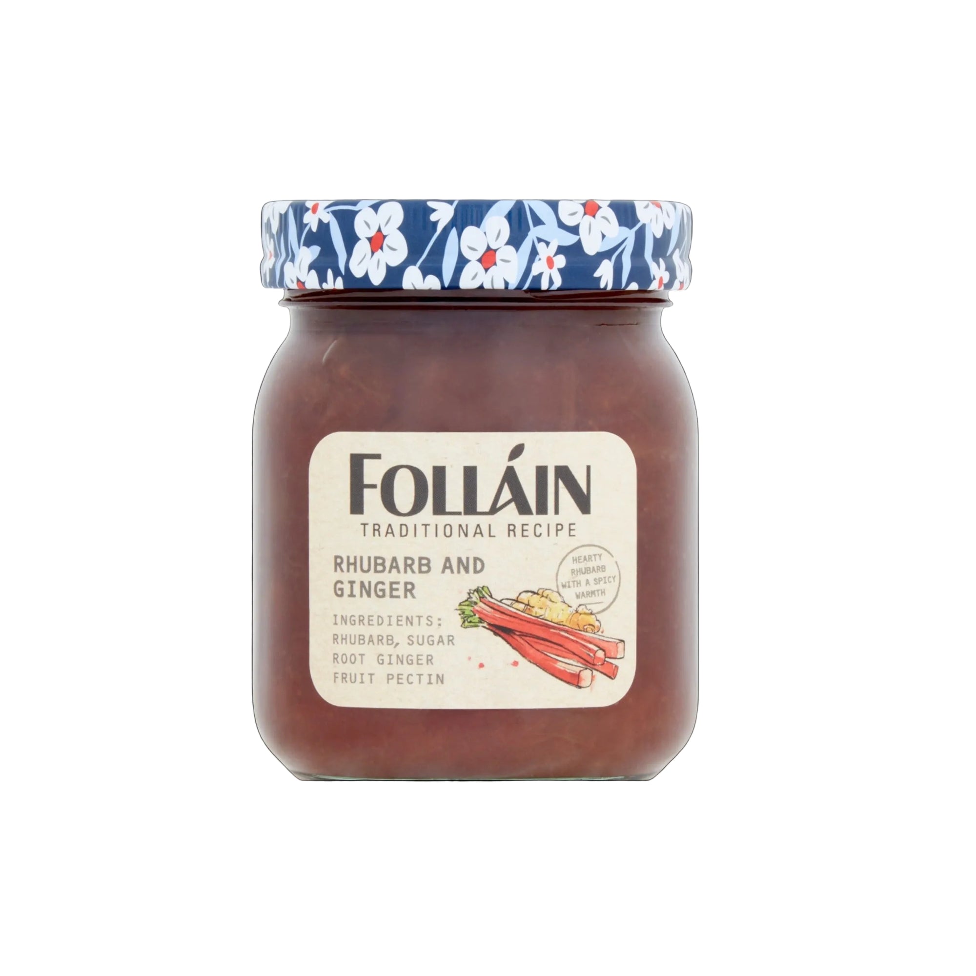 Jar of Folláin Rhubarb and Ginger jam with floral lid on a white background