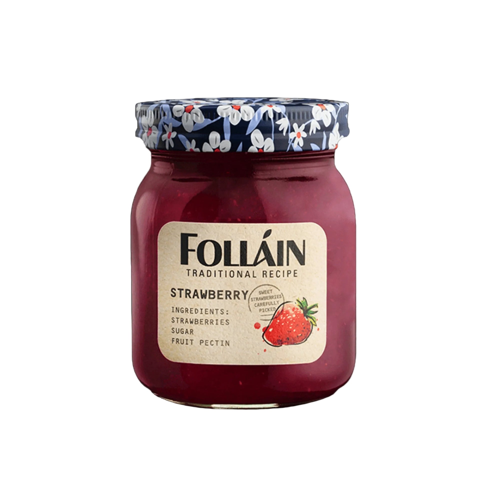 Jar of Folláin strawberry jam with a decorative lid on a white  background