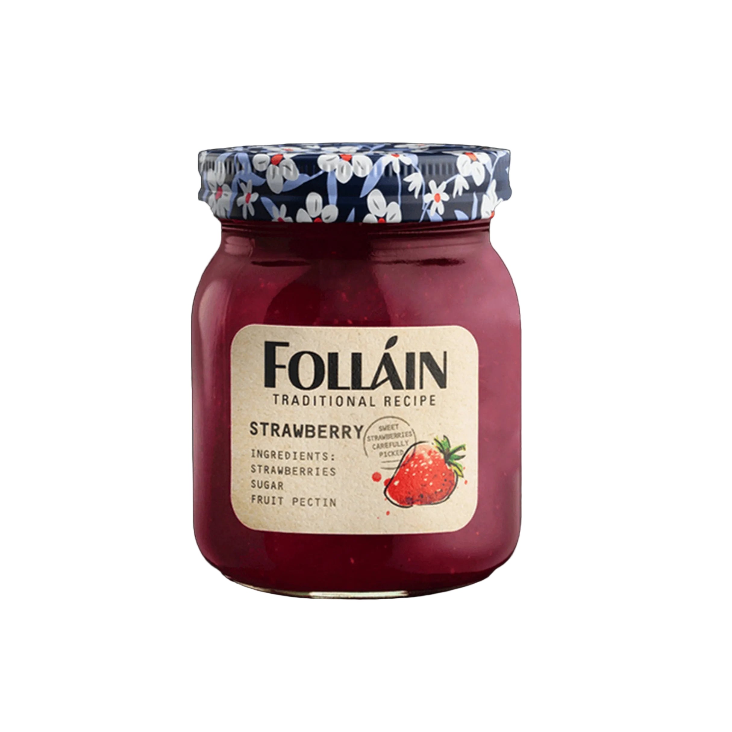 Jar of Folláin strawberry jam with a decorative lid on a white  background
