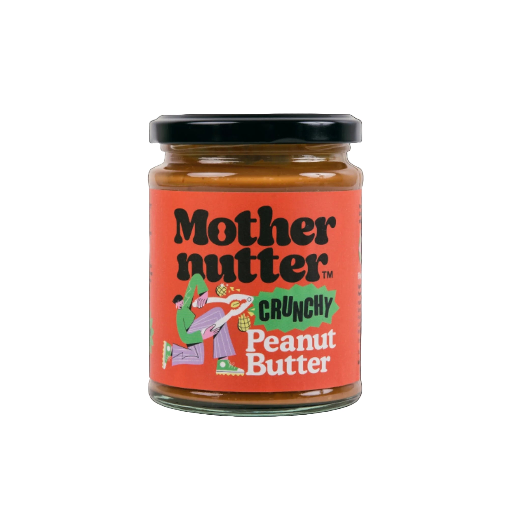 Jar of Mother Nutter Crunchy Peanut Butter on a white background