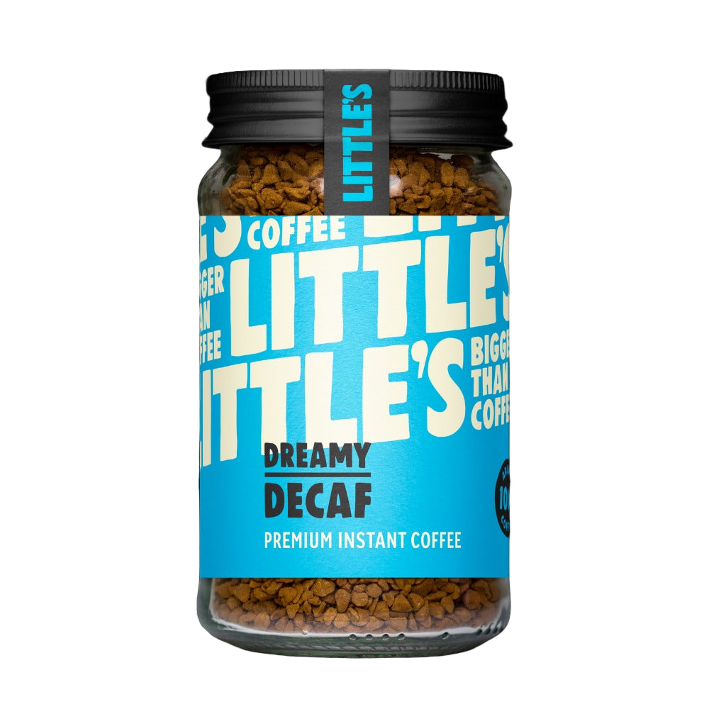 Close-up of Little's Dreamy Decaf Instant Coffee on a white background 