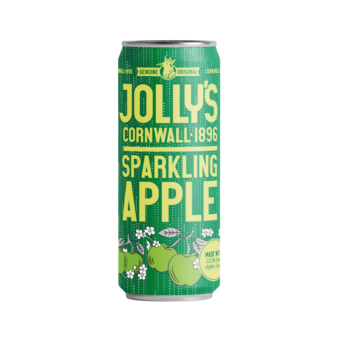 Green can of Jolly's Sparkling Apple on a white background