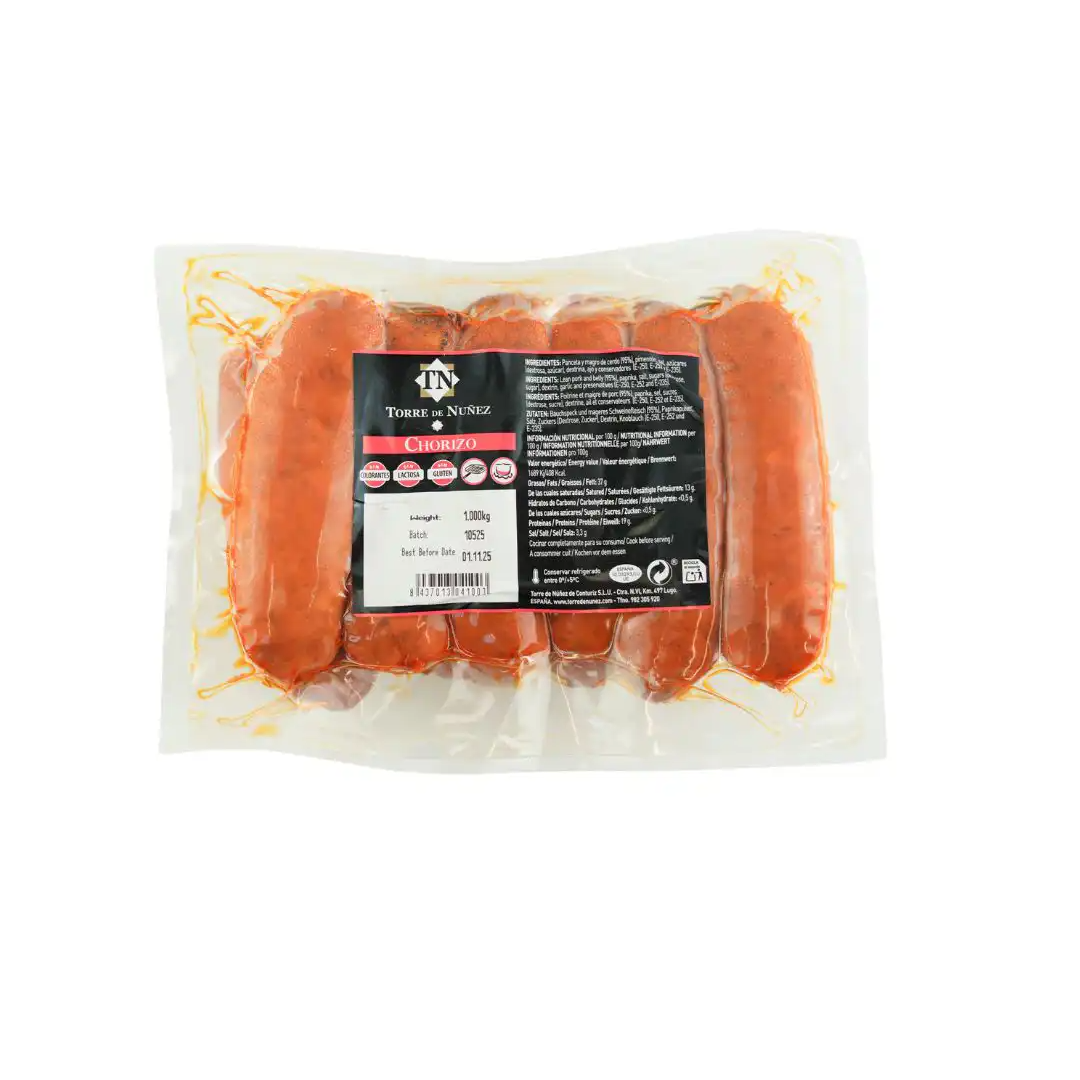 Packaged hot dogs with a label on a white background