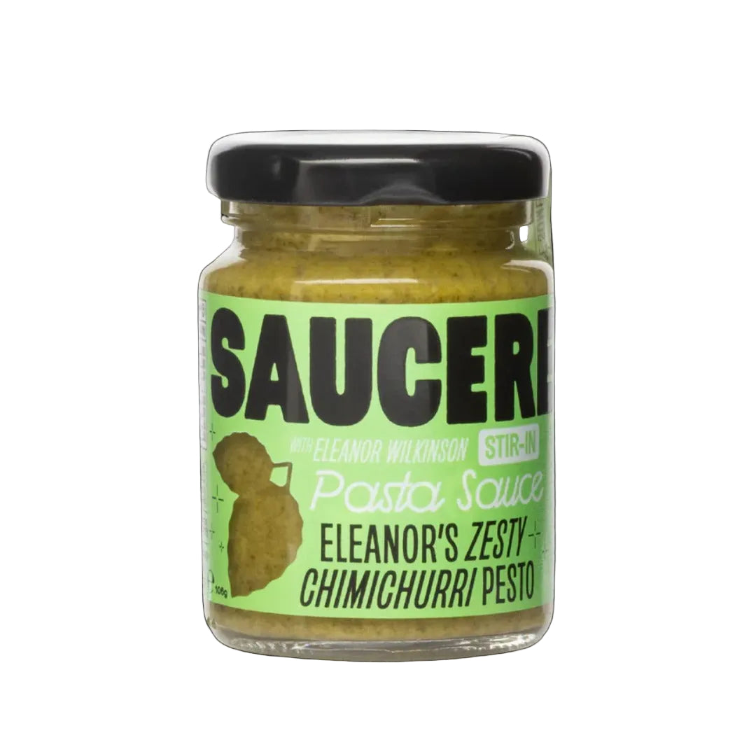 Jar of 'Saucer' pasta sauce with green label on a black background