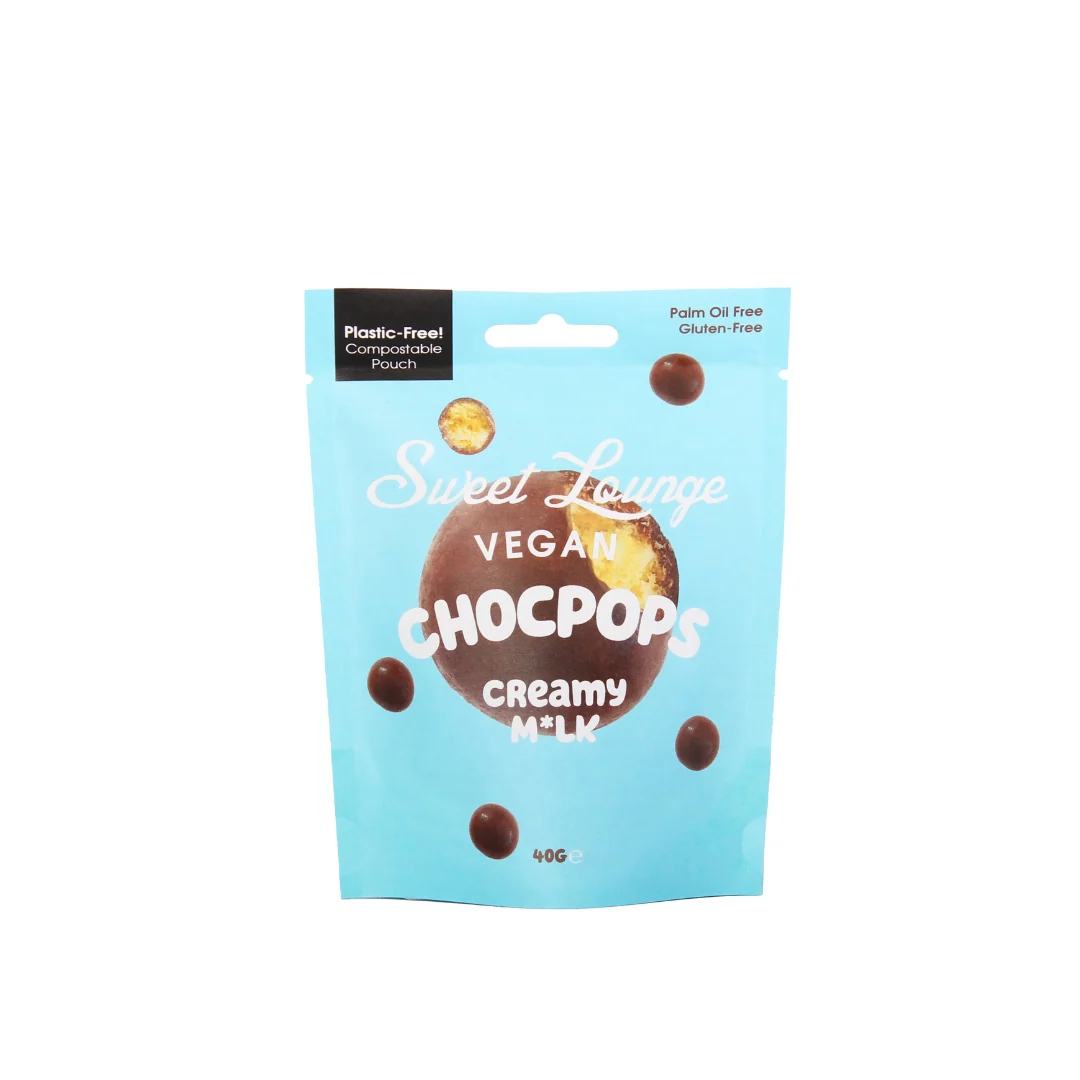 A 40g stand-up pouch of Sweet Lounge Vegan Choclops creamy milk chocolate treats on a plain white background.