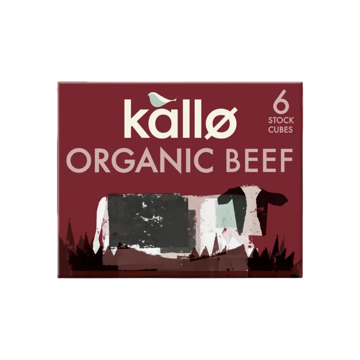 Kallo Organic Beef stock cubes packaging box, featuring a deep burgundy background with a stylized cow illustration and white text.