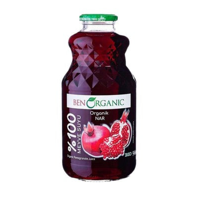 Close-up of Ben Organic Pomegranate Juice on a white background 