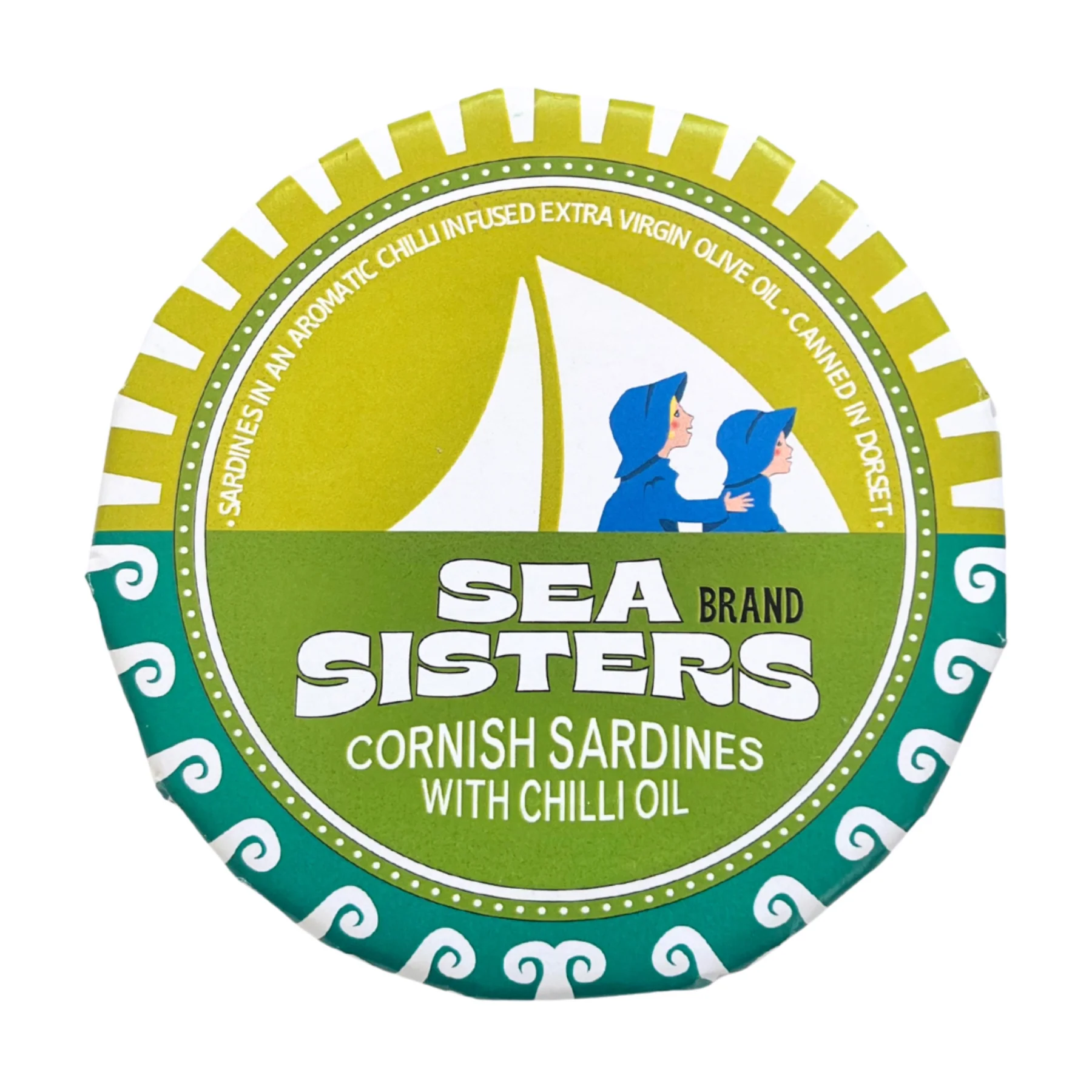Round label for Sea Sisters Cornish Sardines with Chilli Oil on a white background