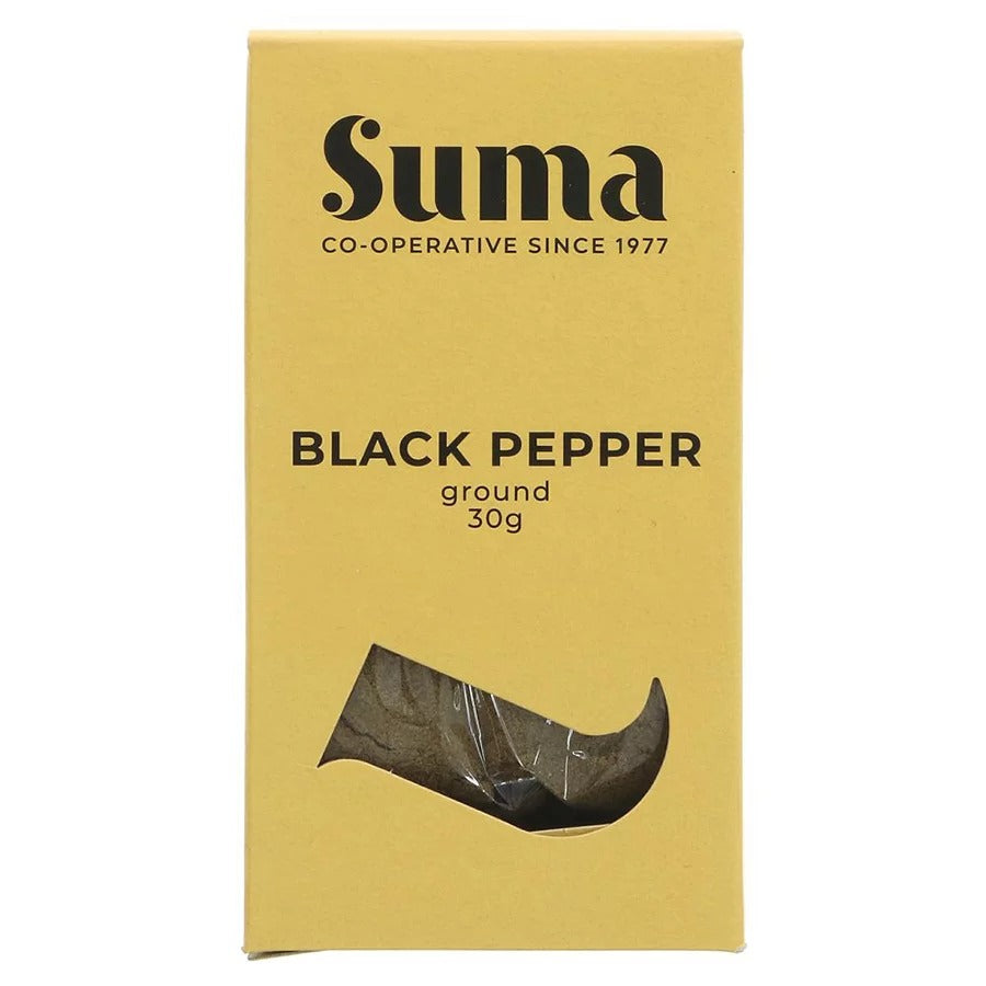 Suma black pepper packaging with a yellow background