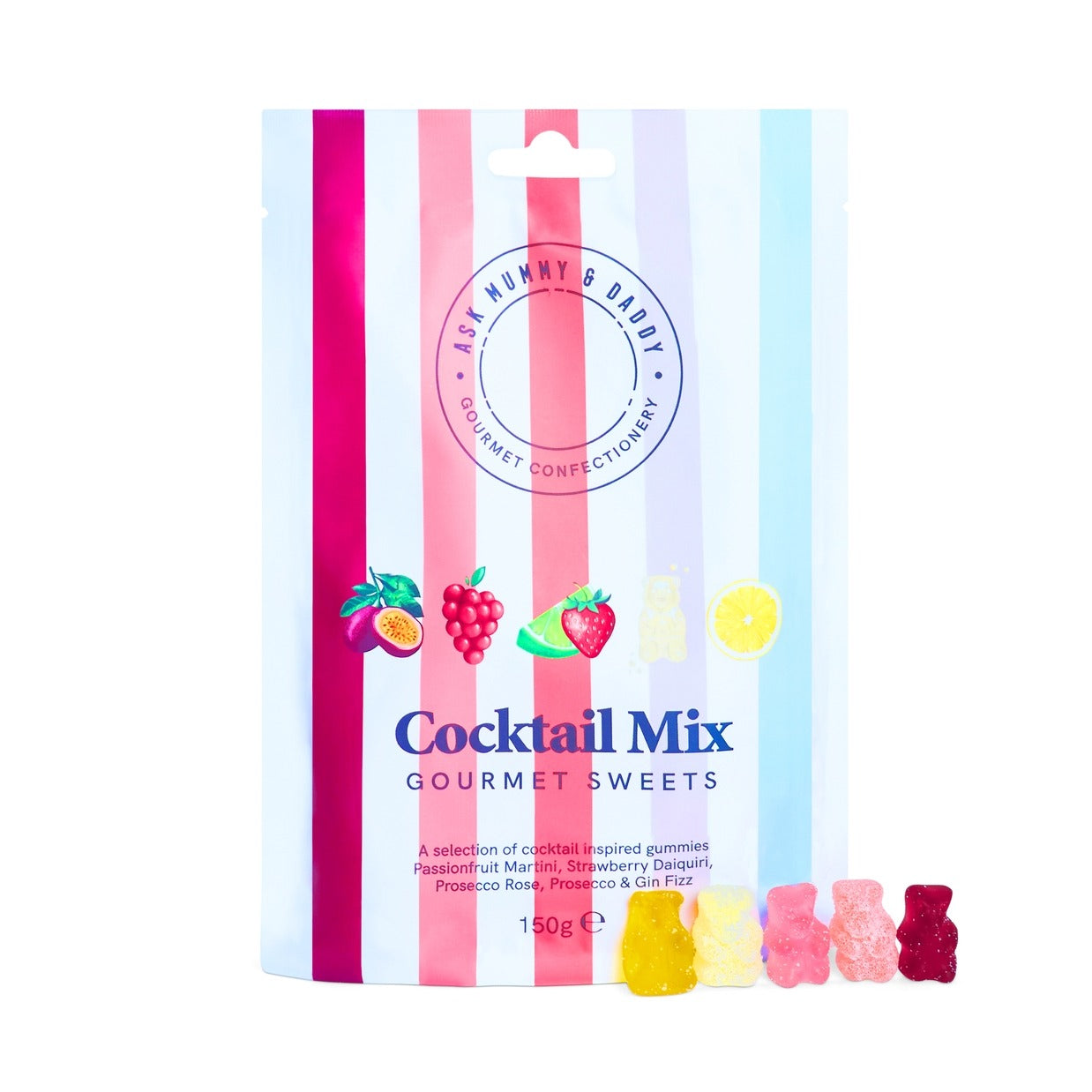 Packaging of cocktail mix gourmet sweets with colorful design and brand logo.