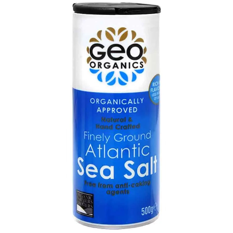 Canister of Geo Organics Finely Ground Atlantic Sea Salt on a white background