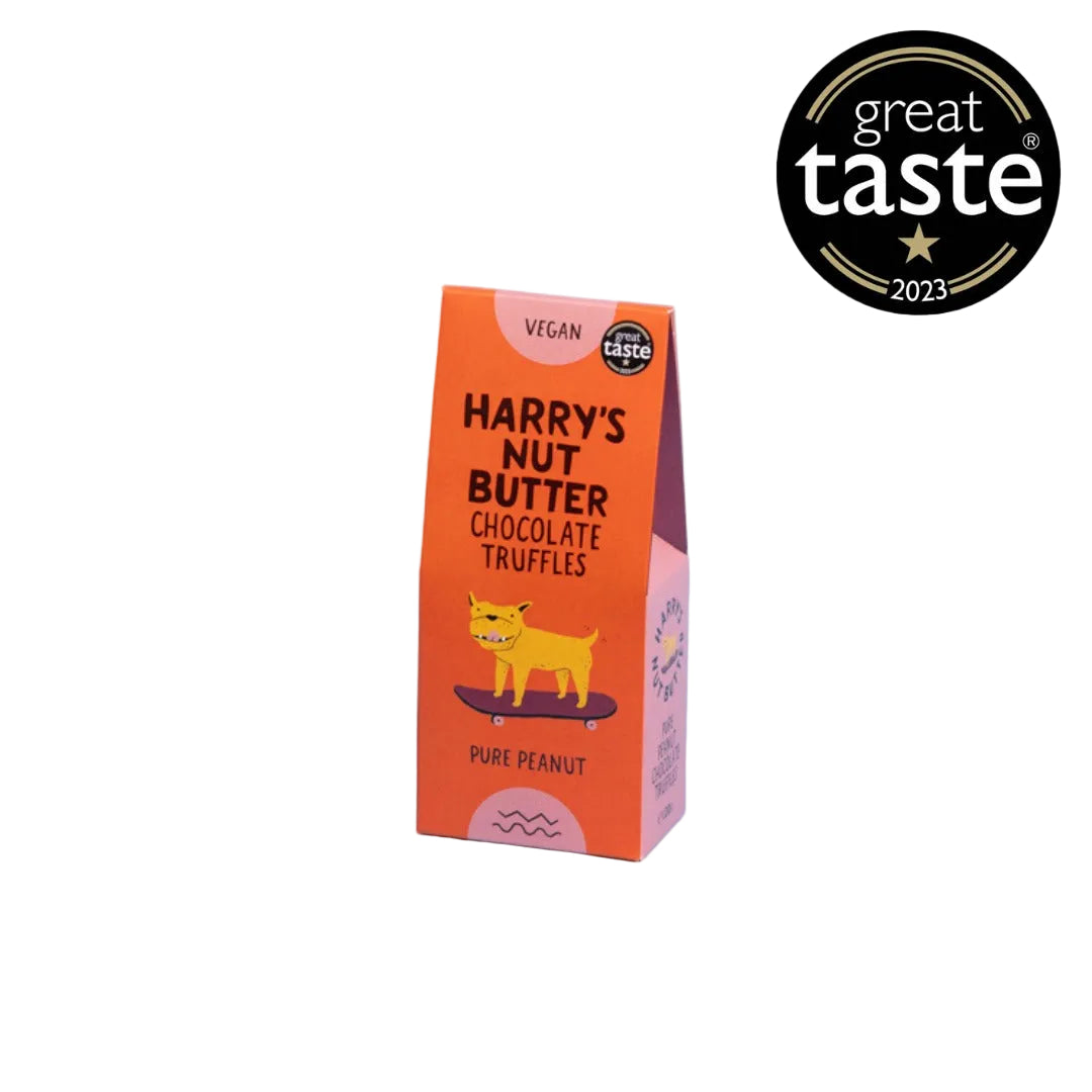 Close-up of Harry's Nut Butter Chocolate and pure peanut truffles on a white background 
