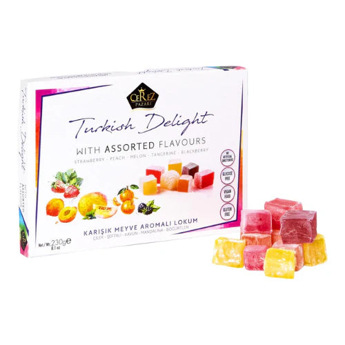 Box of Turkish Delight with assorted flavors and individual pieces displayed.