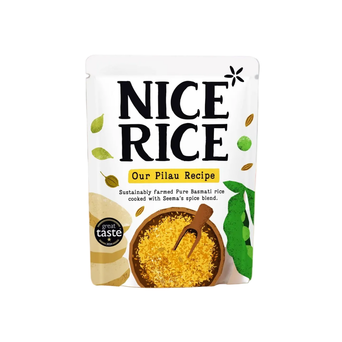 A stand-up pouch of NICE RICE 'Our Pilau Recipe' Basmati rice, shown on a light wooden surface with a softly blurred kitchen background. The packaging is white with black text, green leaf illustrations, and a photo of cooked yellow rice with a wooden spoon.
