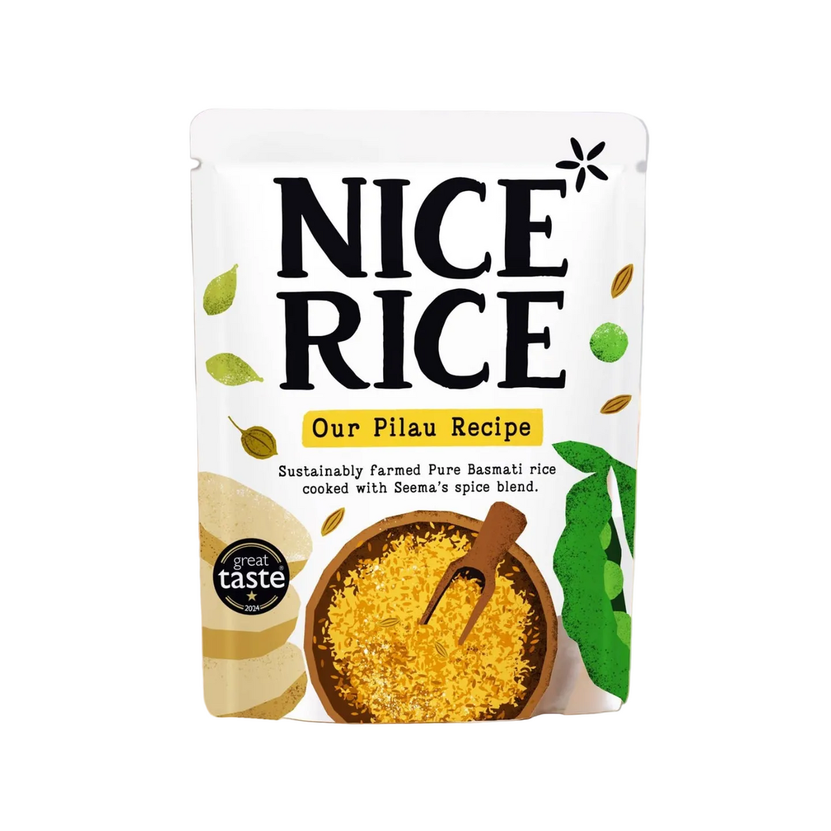 A stand-up pouch of NICE RICE 'Our Pilau Recipe' Basmati rice, shown on a light wooden surface with a softly blurred kitchen background. The packaging is white with black text, green leaf illustrations, and a photo of cooked yellow rice with a wooden spoon.