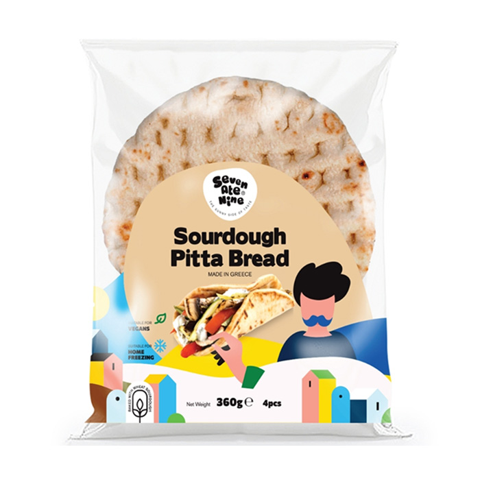 Seven Ate Nine Sourdough Pitta bread in clear packaging with white background