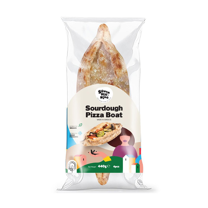 Packaged sourdough pizza boats with a visible brand label on a white background