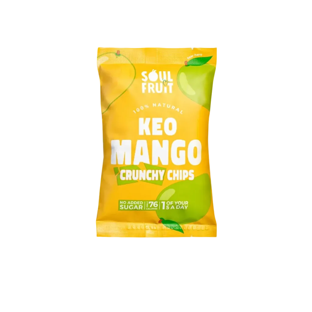 Soul Fruit Keo Mango Crunchy Chips packaging on a yellow background