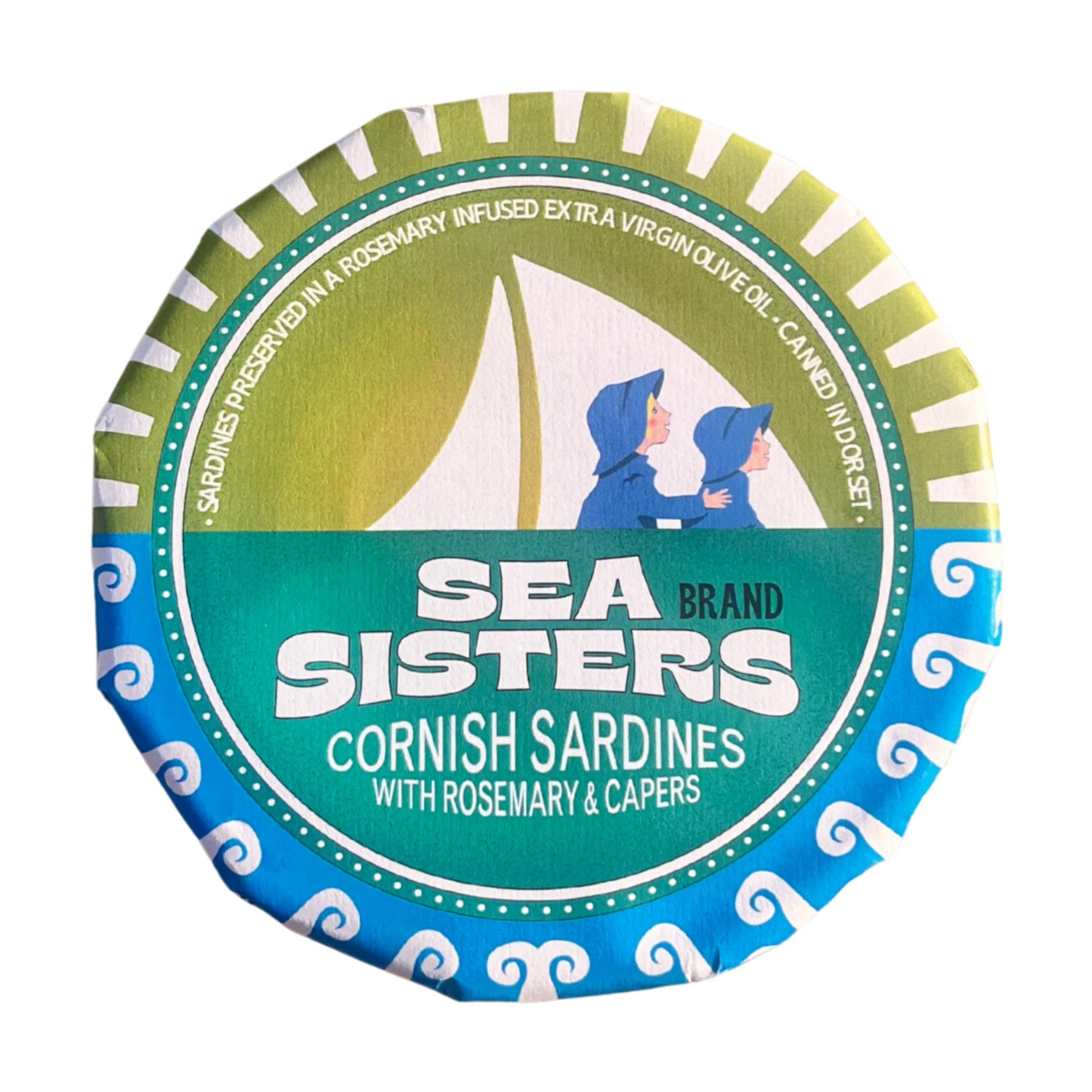 Close-up of Sea Sisters Cornish Sardines with Rosemary & Capers on a white background 