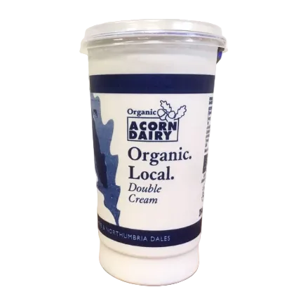 Container of Acorn Dairy organic double cream on a wooden surface with a white background