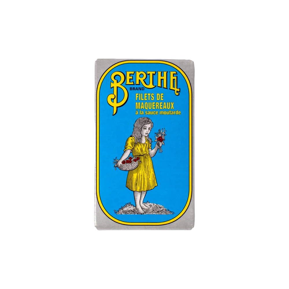 Vintage-style product packaging with a woman in a yellow dress holding flowers on a blue background.
