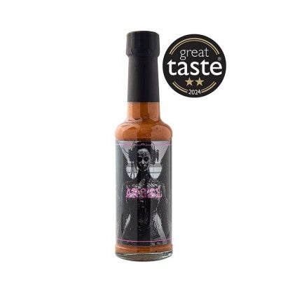 Bottle of sauce with a 'Great Taste' award on a white background