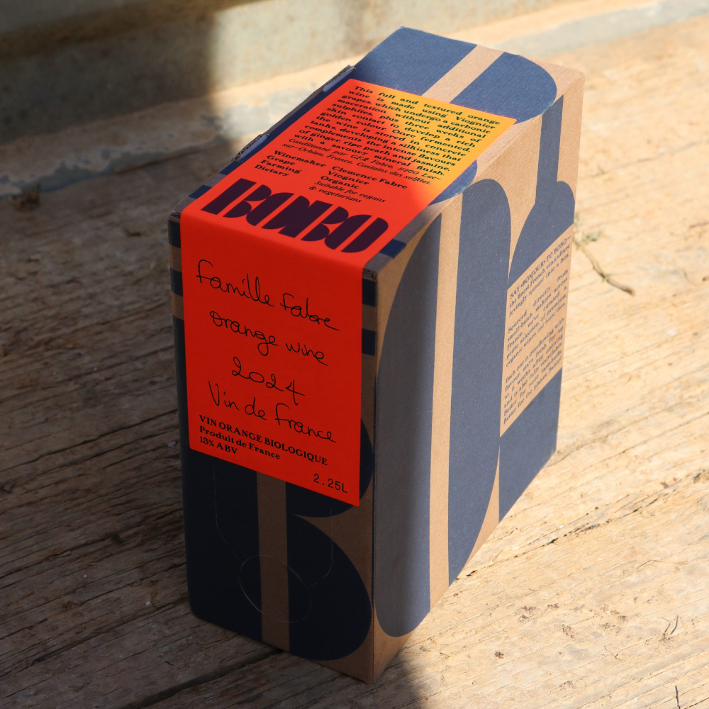 Organic orange skin contact wine in a 2.25L bag in box with a beautiful design. 