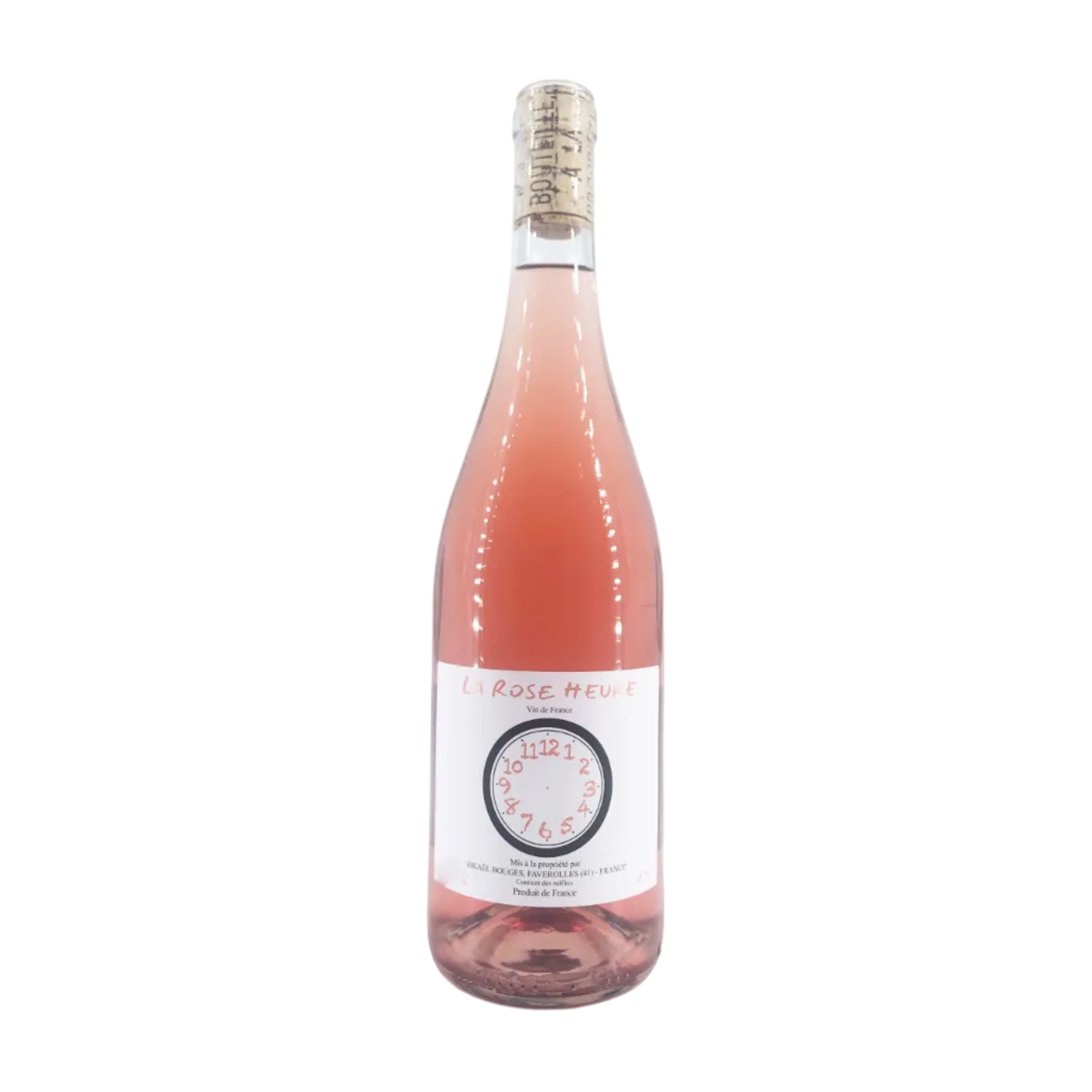 A bottle of Rosé Heuie rosé wine with a white label and a gold foil cap, photographed against a seamless white background.