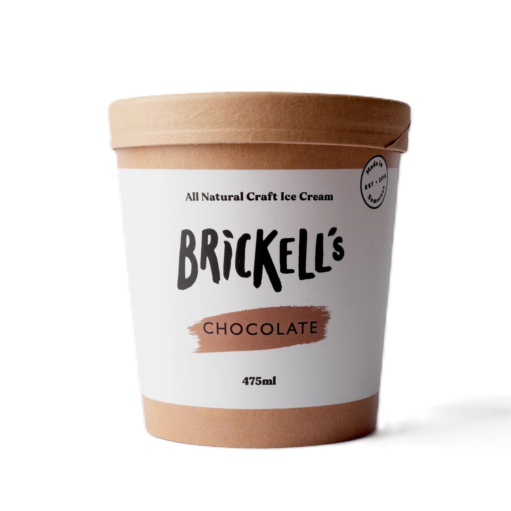 A 475ml tub of Brickell's Chocolate ice cream with a kraft paper lid and white label, shown on a clean white background.
