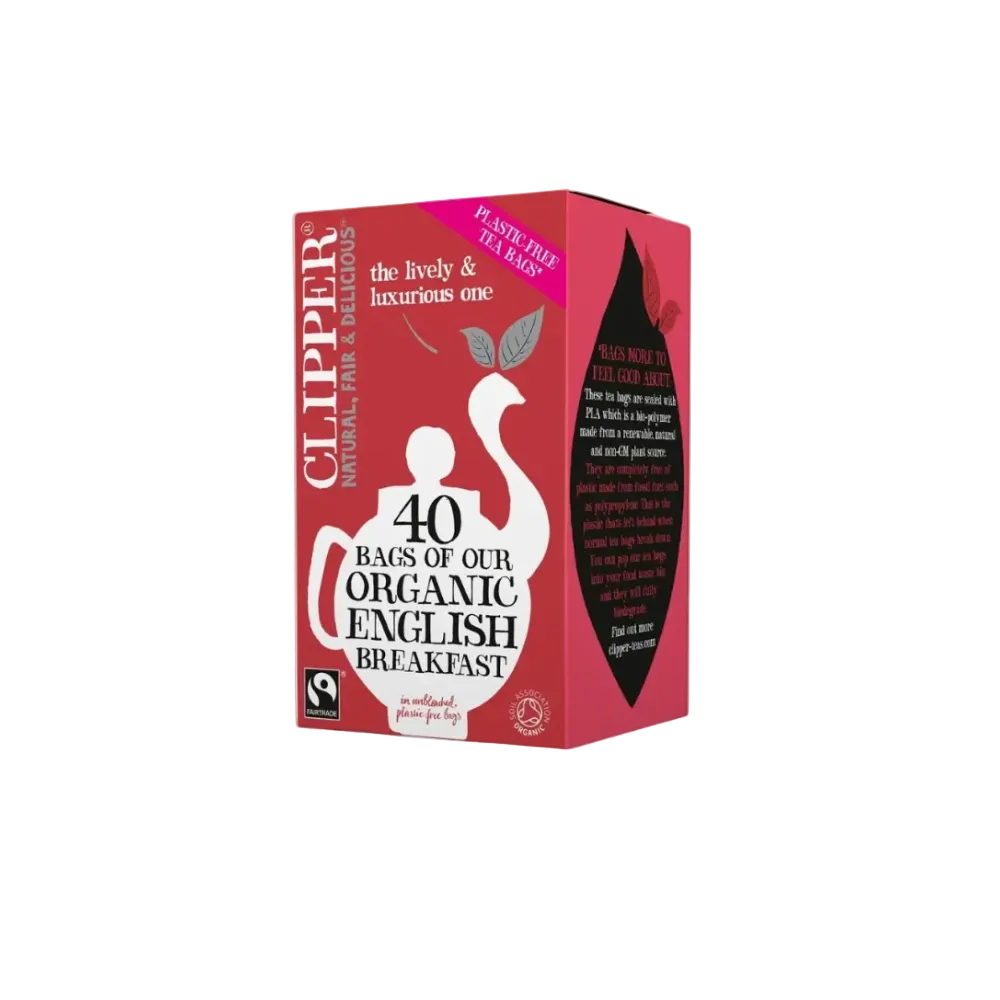 Red box of Clipper Organic English Breakfast tea bags on a white background