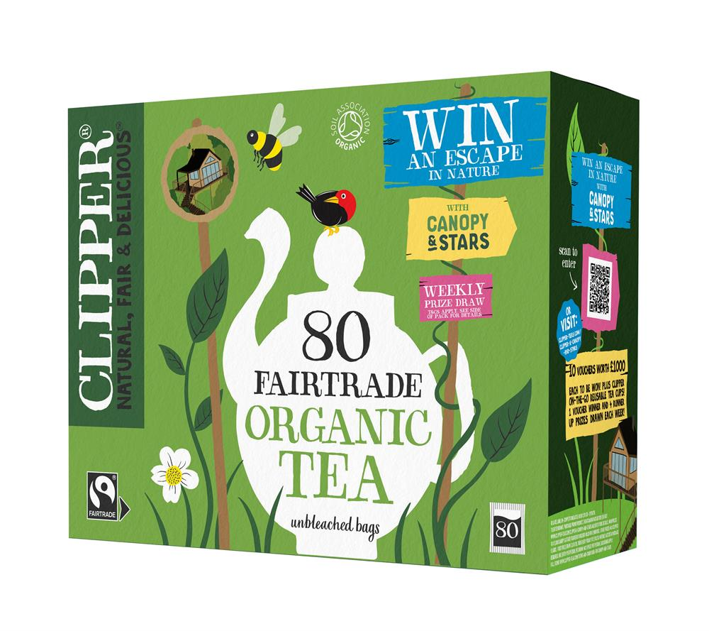 Clipper Fairtrade Organic Tea box with green design and branding