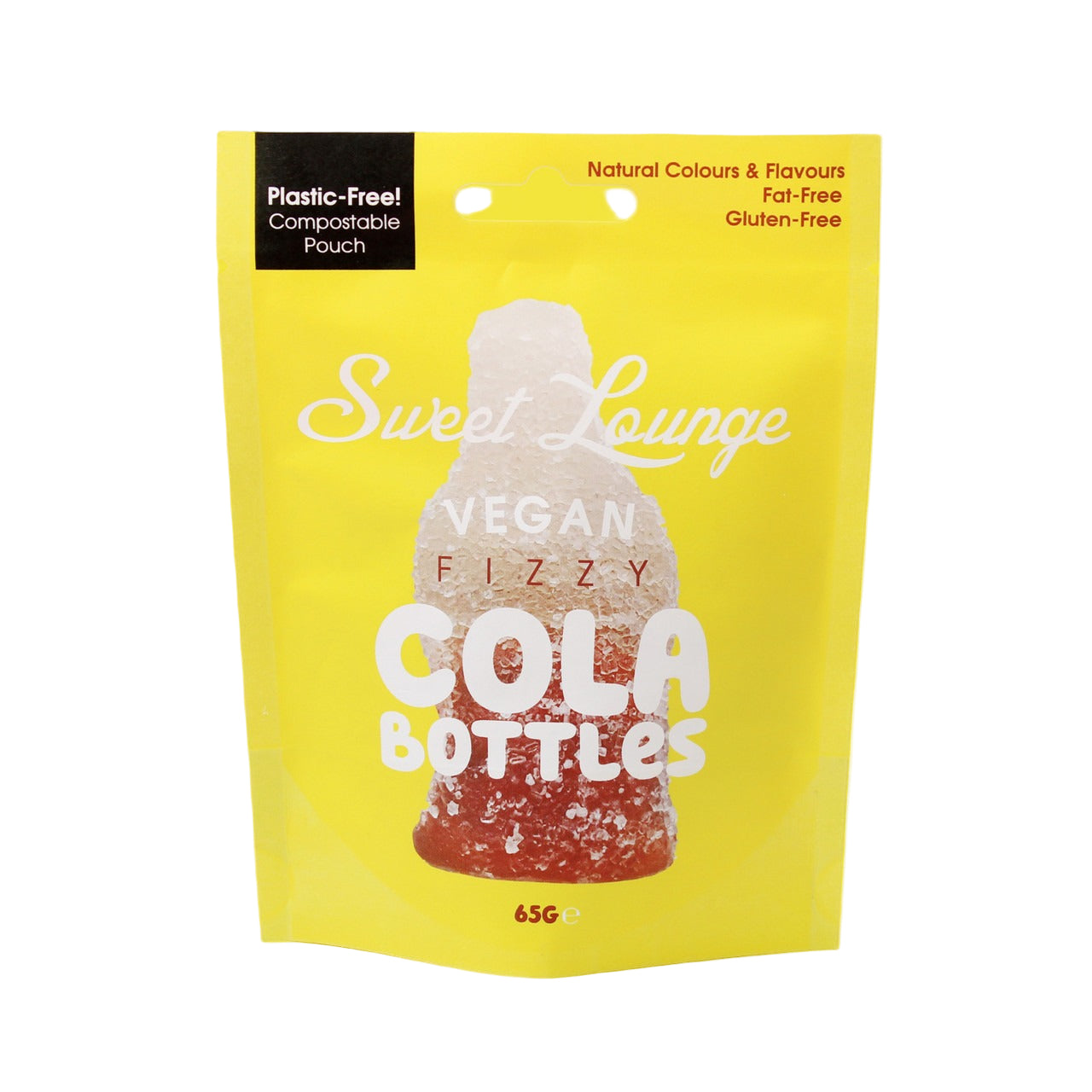 Packaging of Sweet Lounge Vegan Fizzy Cola Bottles on a yellow background