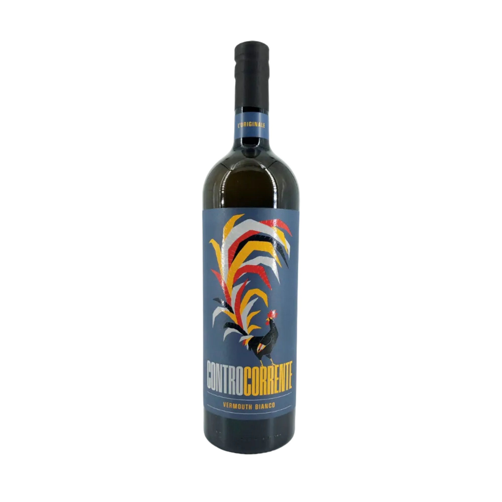 A bottle of Contro Corrente Vermouto Red wine against a plain white background. The bottle has a dark glass body, a black screw cap, and a blue label featuring a stylized rooster illustration in red, yellow, white, and black, with the brand name 'CONTRO CORRENTE' printed in yellow.