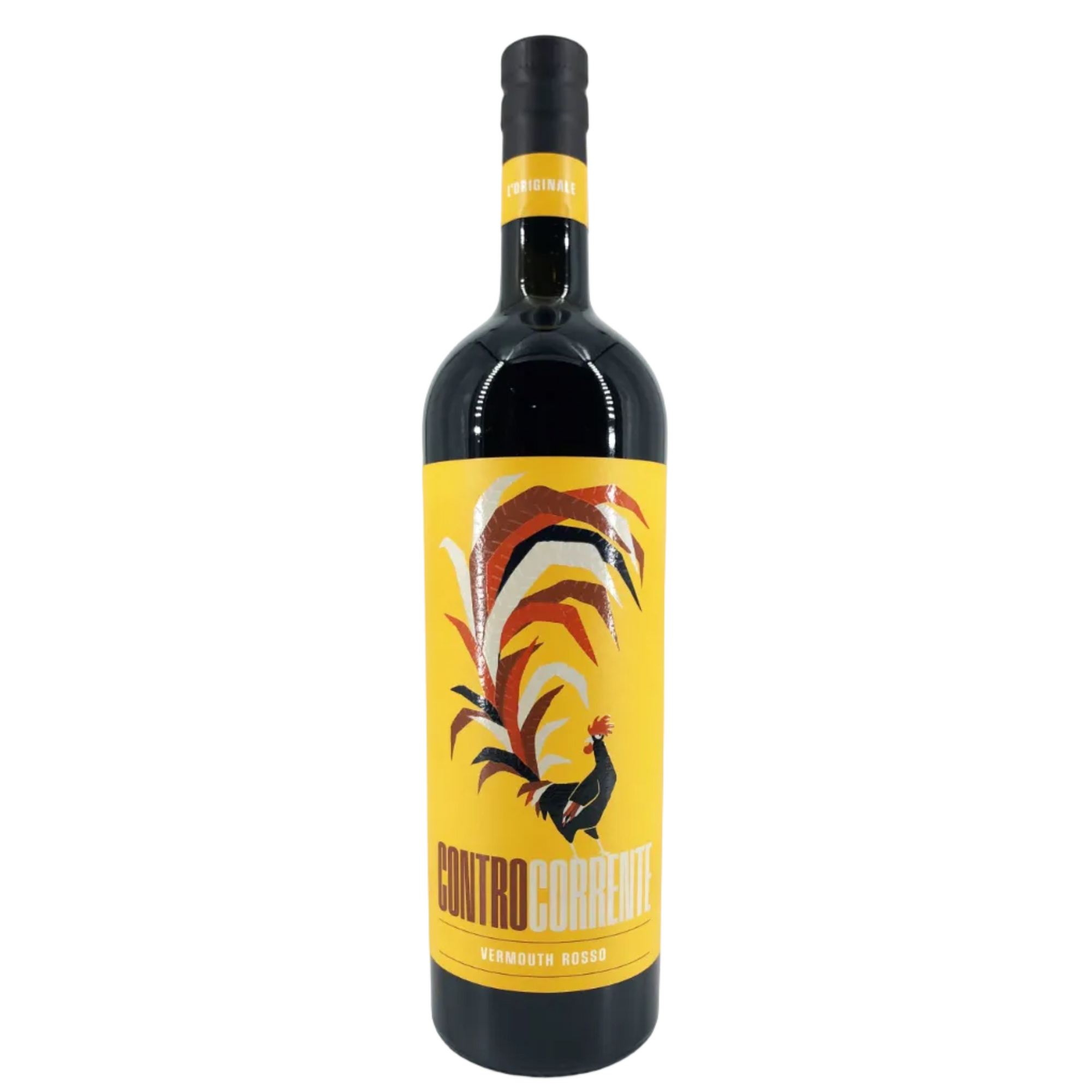 A bottle of Contorral Contro Corrente Vermouth Rosso on a clean white background. The bottle is dark glass with a bright yellow label featuring a stylized rooster illustration and the brand name 'Contorral' on the neck band and lower label.