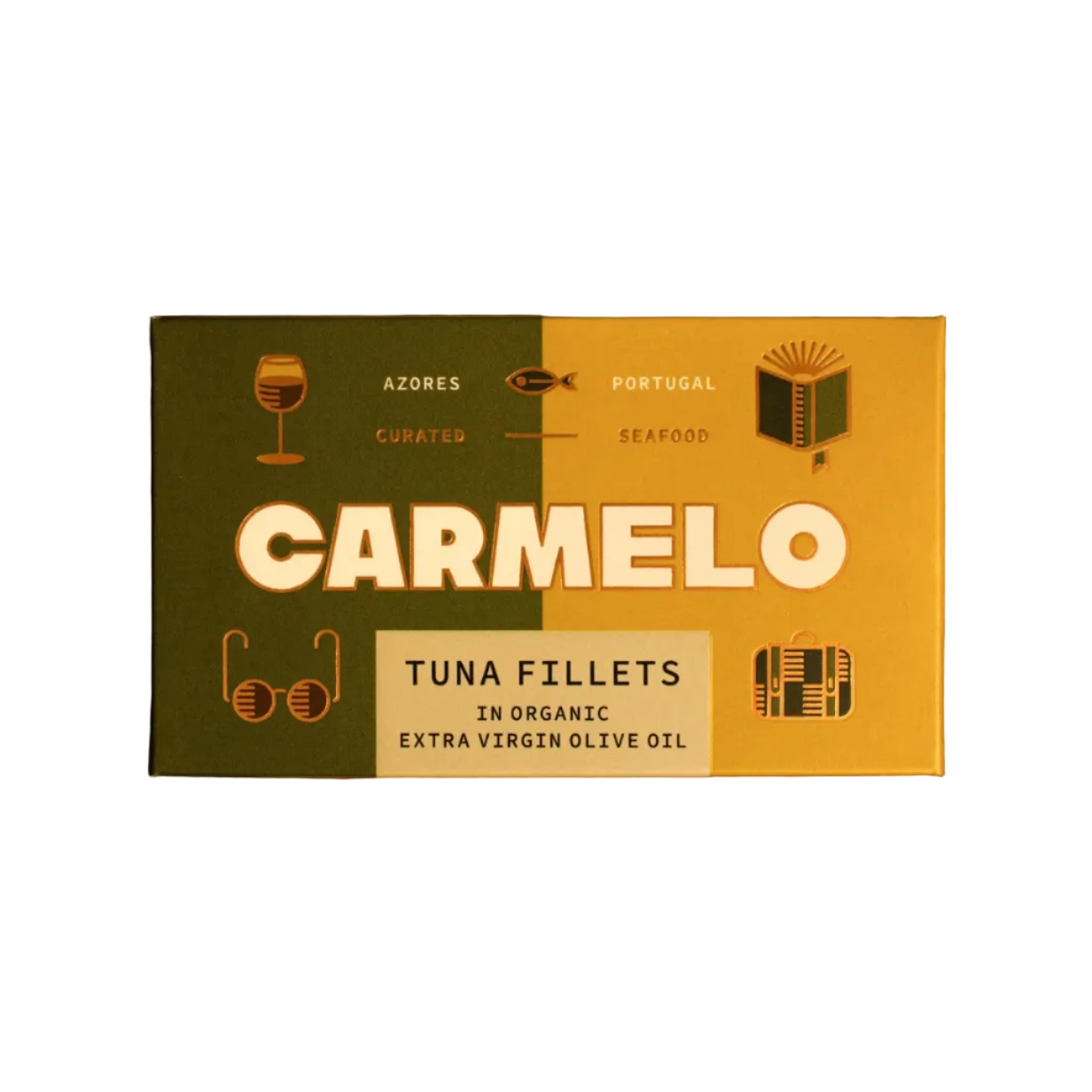 A rectangular Carmelo tuna fillets box placed on white background. The packaging is split vertically into olive green on the left and mustard yellow on the right, with illustrated icons and the brand name CARMELO in large white letters across the center.
