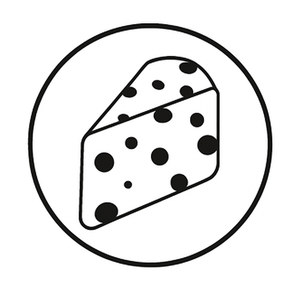 Black and white icon of a cheese wedge with black dots on a white background