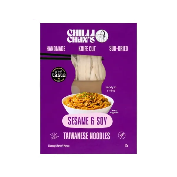 Chilli Chan's Handmade Knife Cut Sun-Dried Sesame & Soy Taiwanese Noodles in a purple 120g package, showing the knife-cut noodles in a clear window and a bowl of prepared noodles.