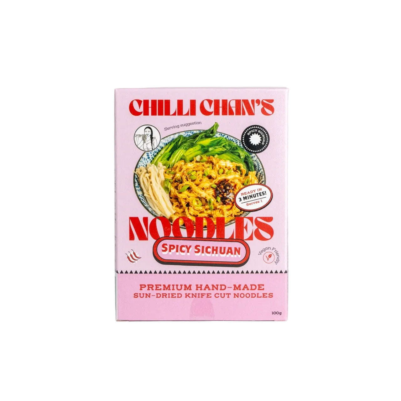 Close-up of Chilli Chans Spicy Sichuan Noodles on a white background 