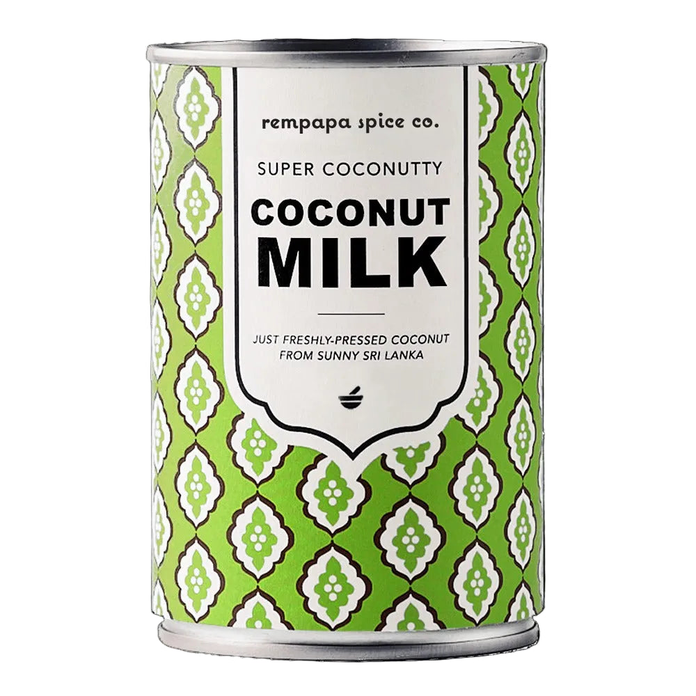 Close-up of Rempapa Spice co. Coconut Milk on a white background 