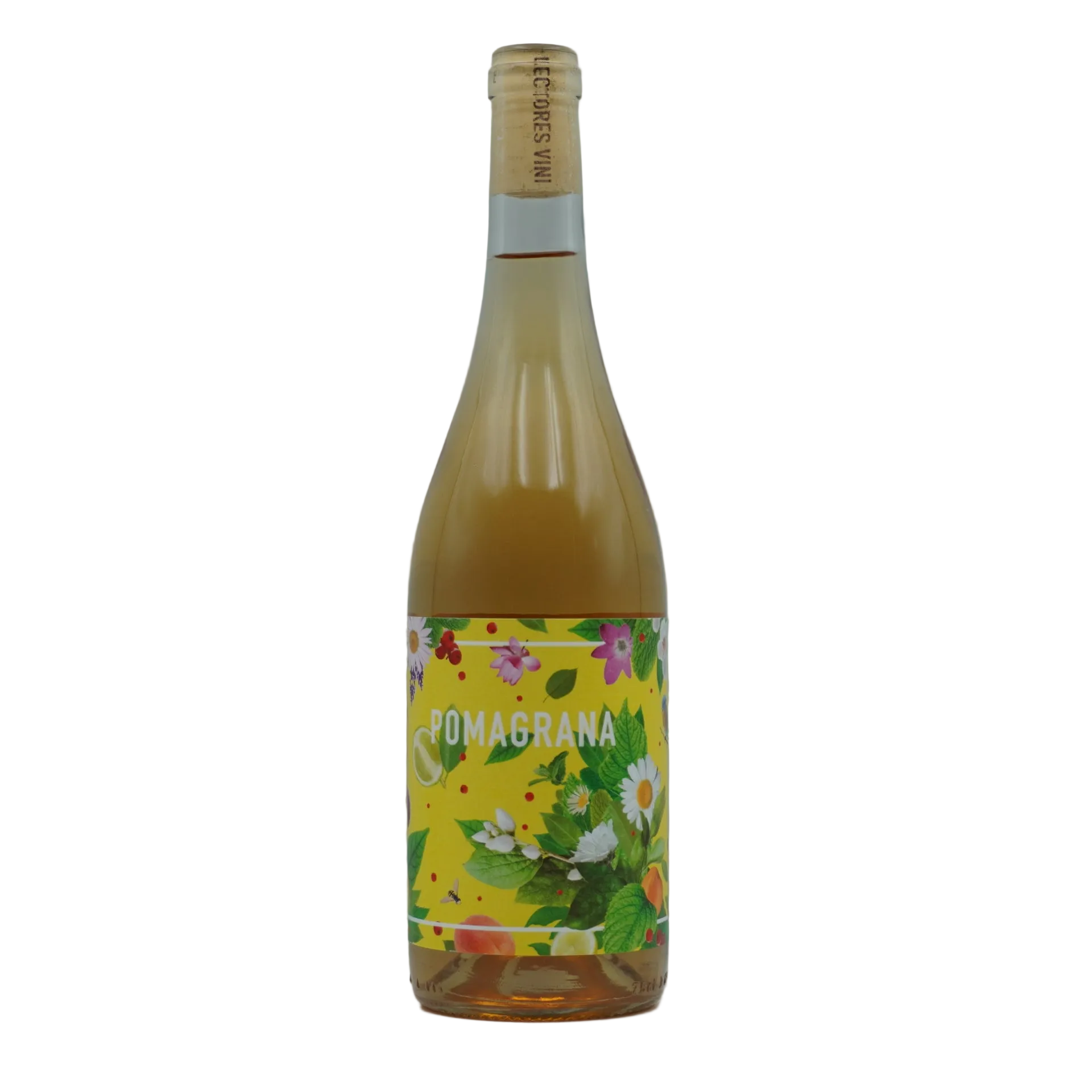 Bottle of Pomagranate wine with a colorful label on a gray background