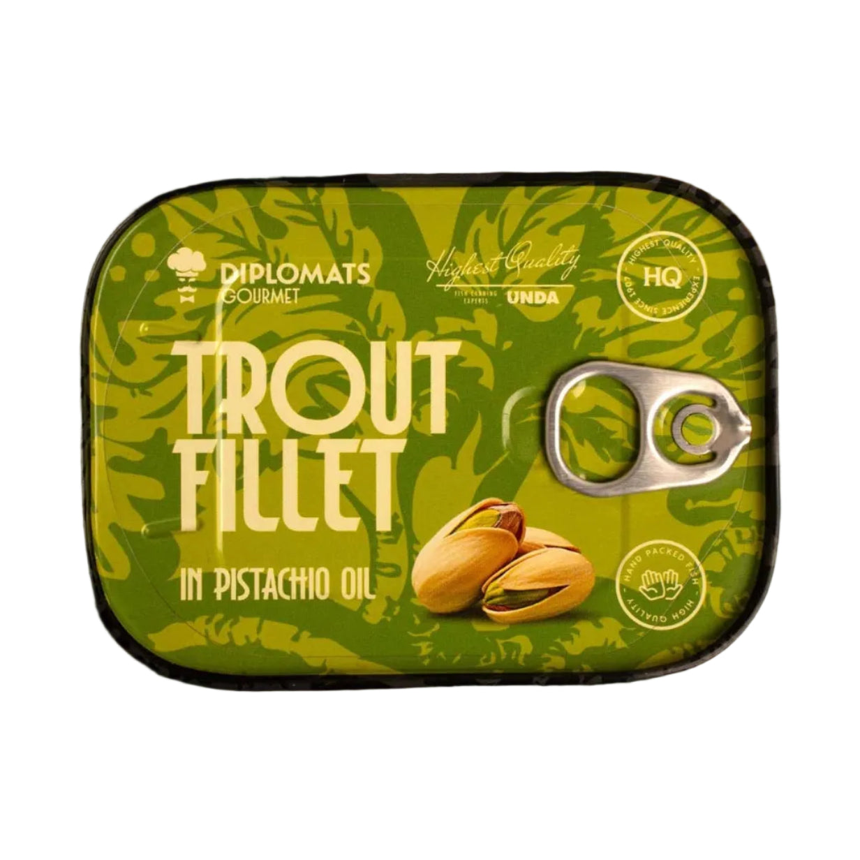 Close-up of Diplomats Trout in Pistachio Oil on a white background 